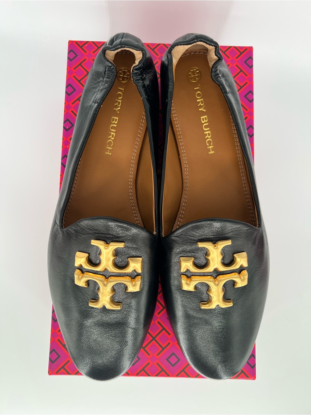 Tory Burch Eleanor Loafers 9.5 Black Leather Gold Logo